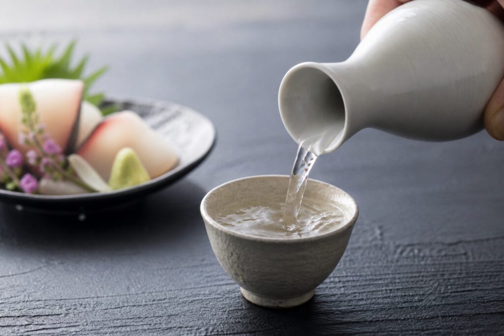 Clear sake poured from a white ceramic flask into a cup