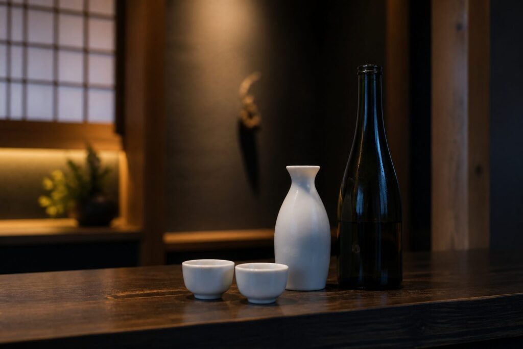 Unlabelled sake bottle silhouette with ceramic flask and cups