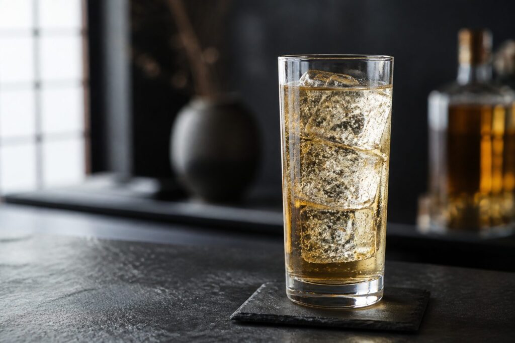 Unbranded whisky highball over clear ice