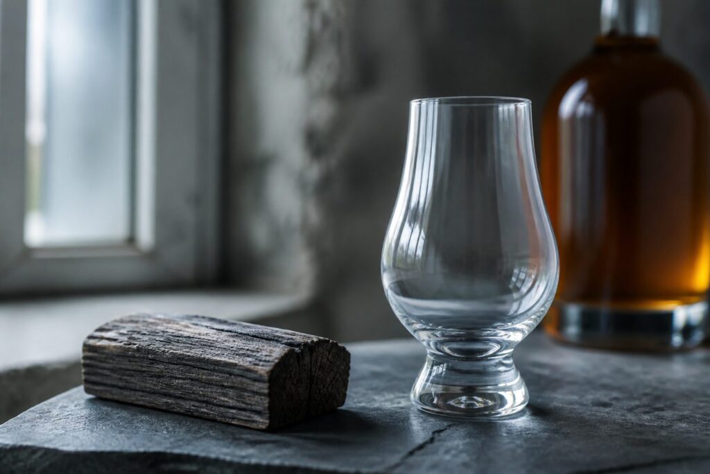 Unbranded whisky glass and wood detail