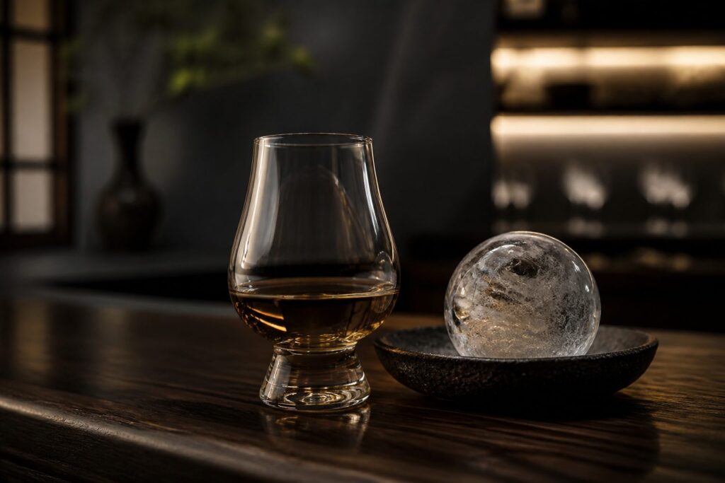 Unbranded whisky in a tasting glass beside a clear ice sphere