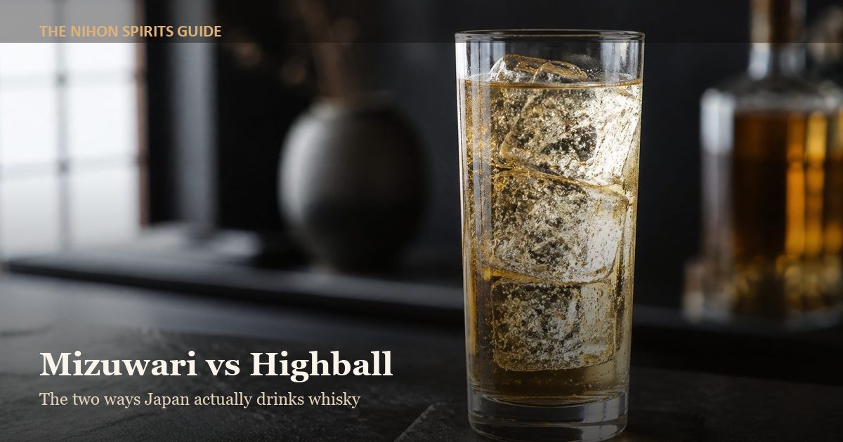 Japanese whisky mizuwari with still water over ice